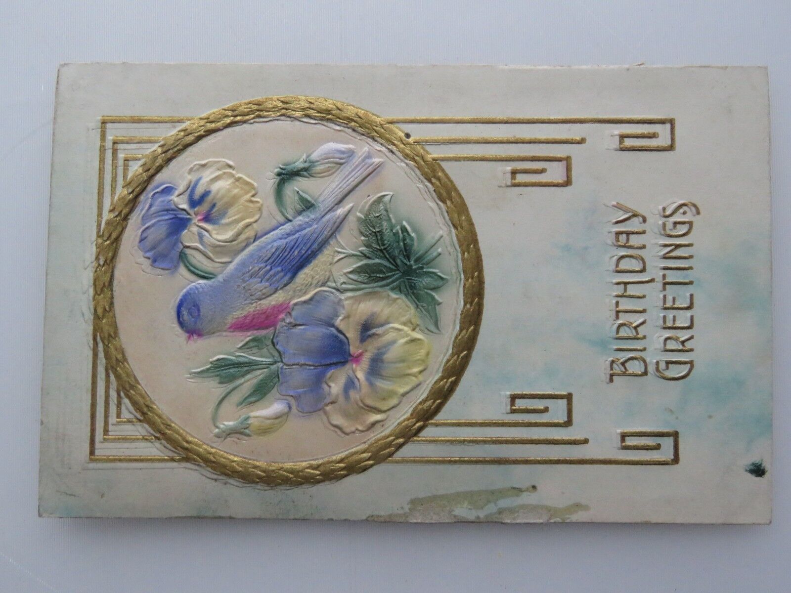 1911 Antique Postcard Heavy Embossed Hand Paint Bluebird Birthday Flowers A1633