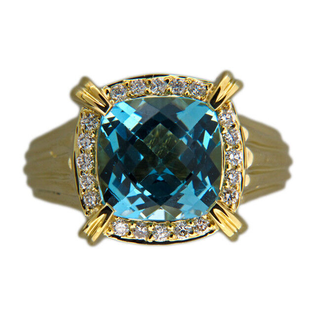 Vintage Charles Krypell Heavy 18k 6.20ct Blue Cushion Topaz 0.30ct Diamond Ring