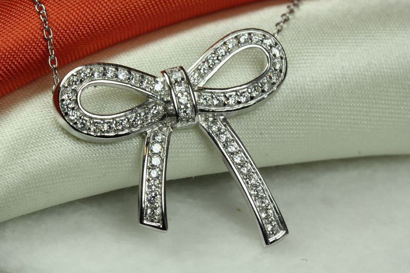 BEAUTIFUL STUNNING CZ ACCENTS LARGE BOW TIE STERLING SILVER 925 NECKLACE~BLC~WED