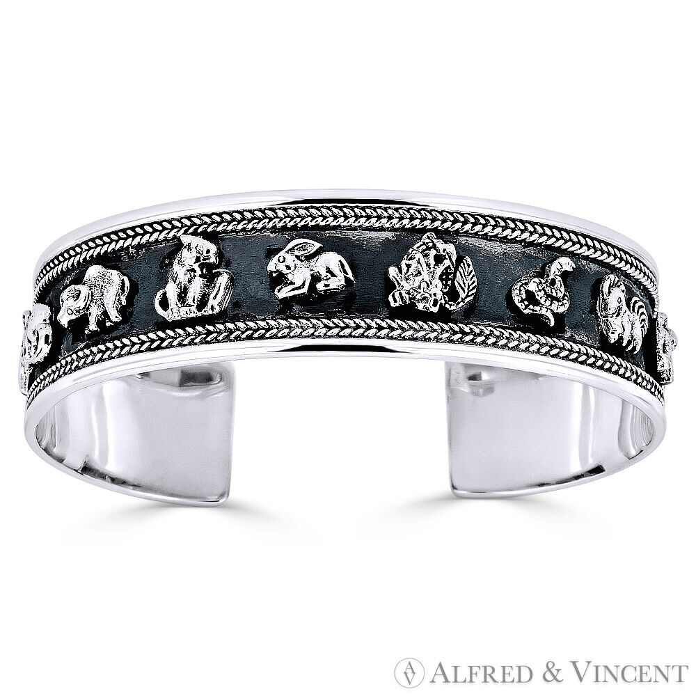 Chinese Zodiac Animal Feng Shui Heavy-Cuff Bangle .925 Sterling Silver Bracelet