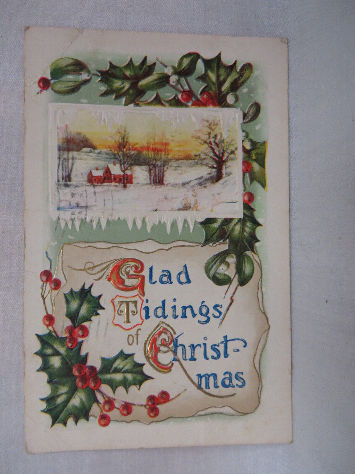 VINTAGE EMBOSSED CHRISTMAS POSTCARD HOME IN A SNOW-COVERED LANDSCAPE 1909