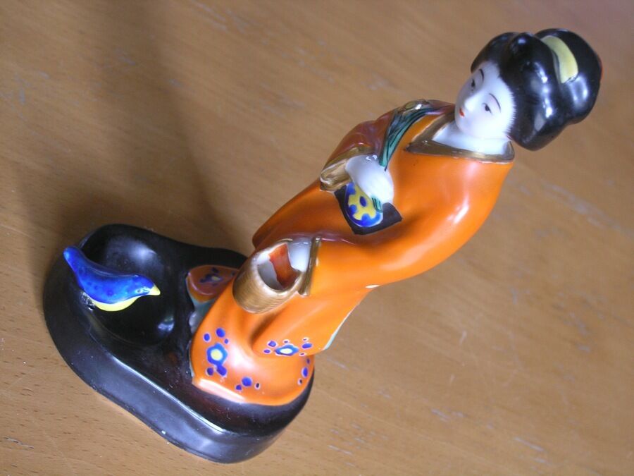 Antique  Japanese Porcelain Woman Geisha Bird Pond Figurine Statue Kimono Attire