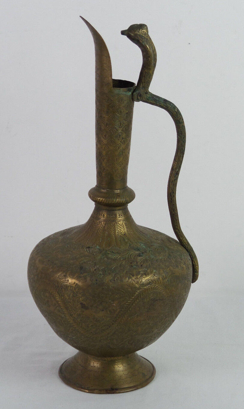 Large Intricately Engraved Brass Ewer With Cobra Snake Handle