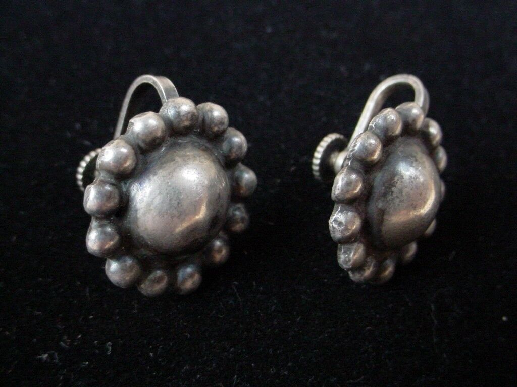 Vintage Early Mexican Sterling Silver Earrings sun flower shape