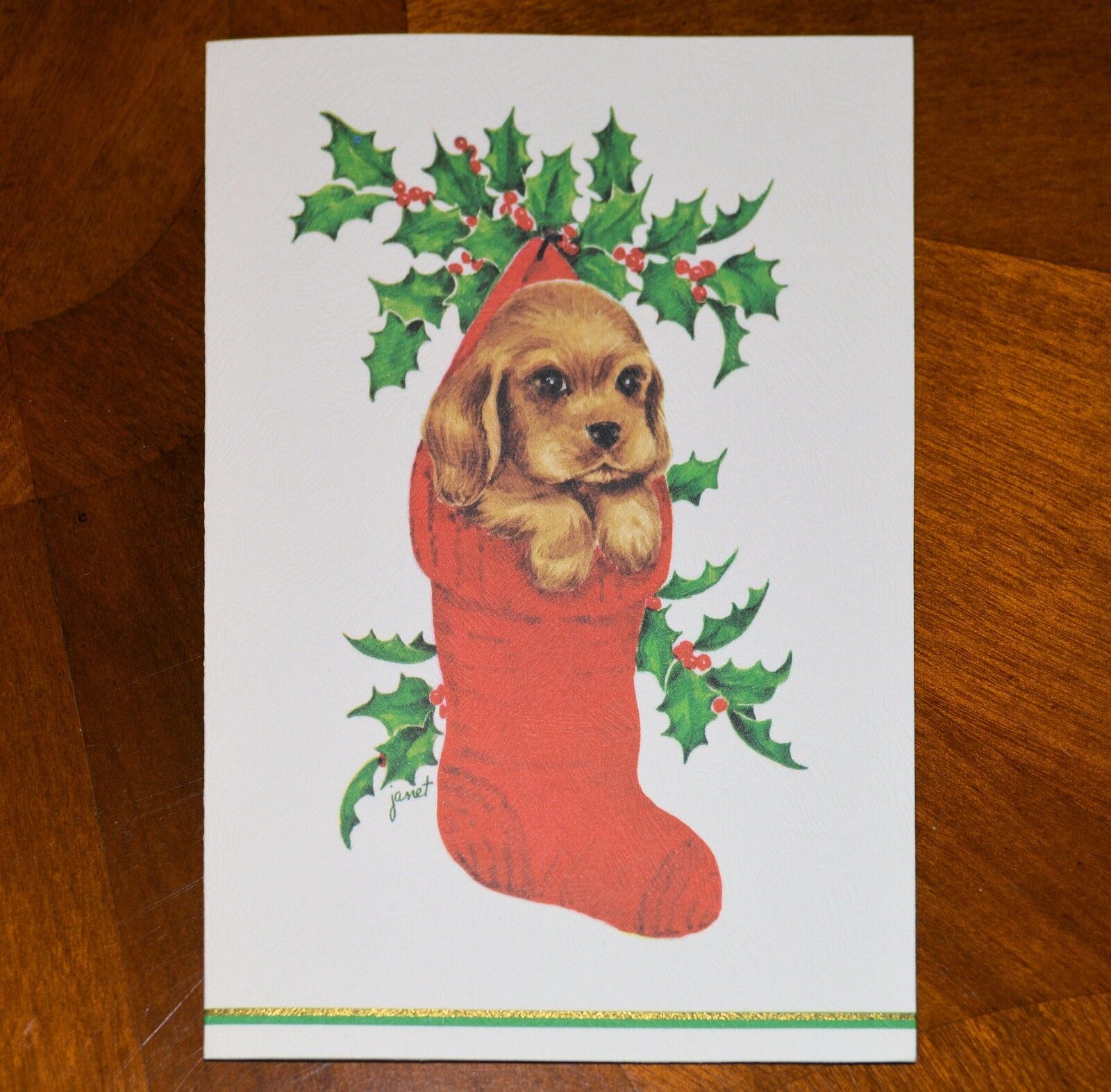 Vintage UNUSED Christmas Card FRAVESSI PUPPY COCKER SPANIEL STOCKING Mid-Century