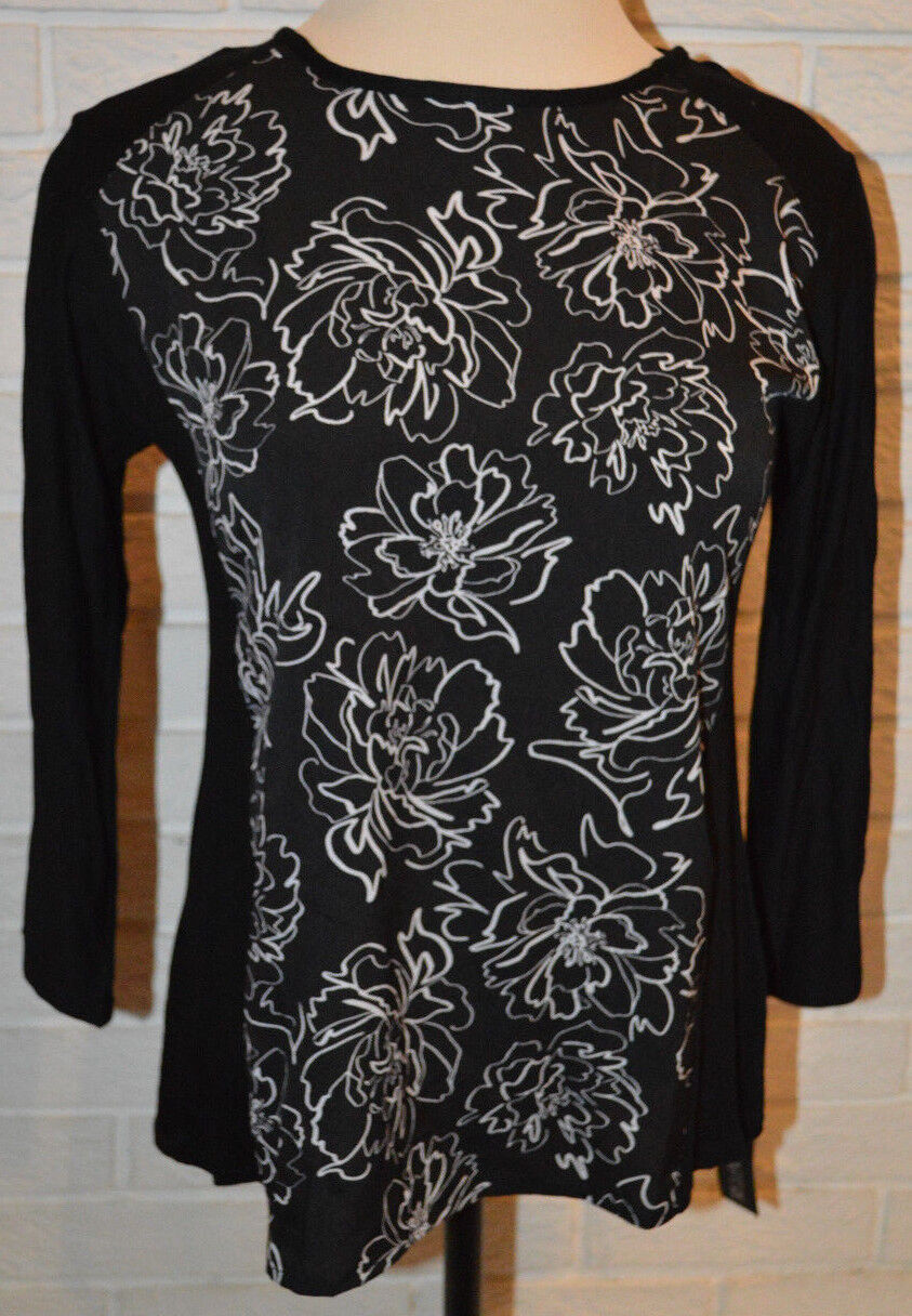 Women\'s Apt. 9 Black & White Floral 3/4 Sleeve Woven Knit Top Size PM