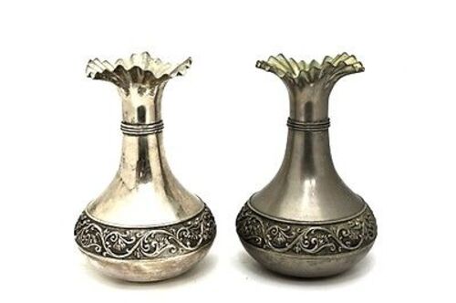 Fine Pair of Antique Hand-Made Vera Lucino Silver-Plated Italian Vases, H 9.25\