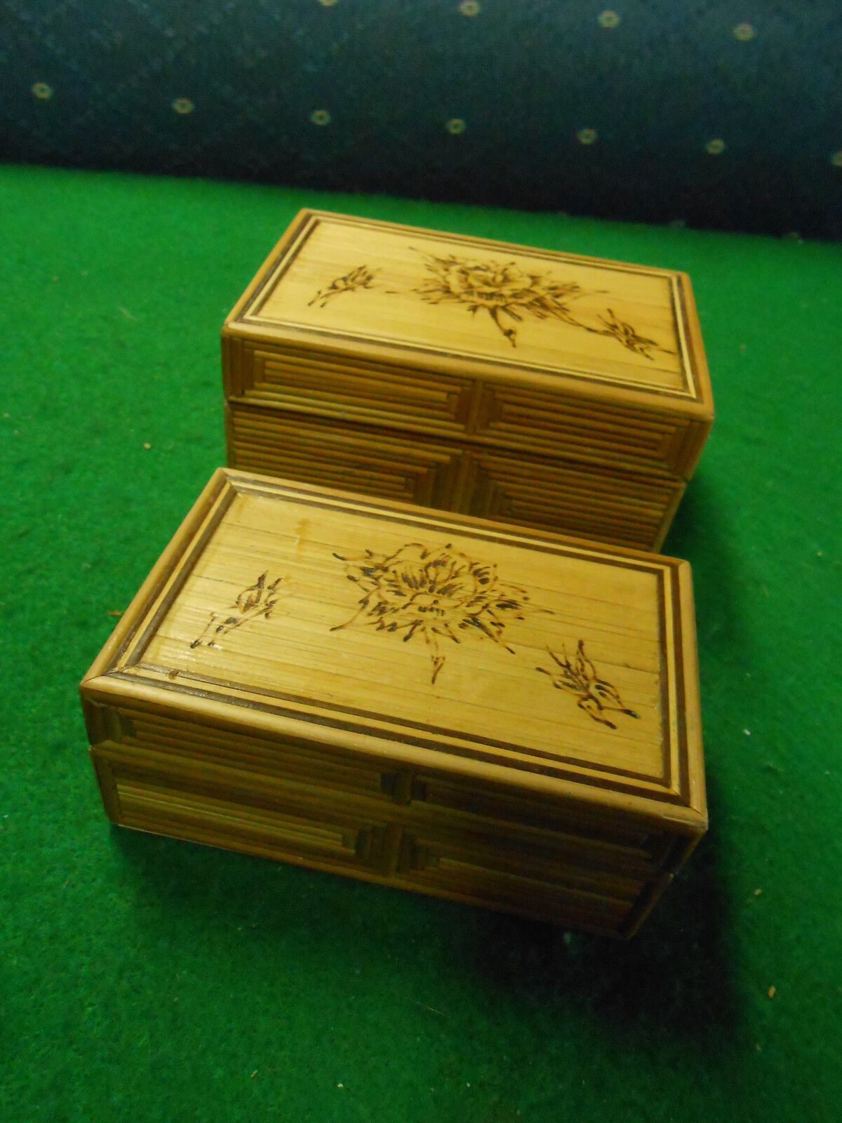 Beautiful Set of Two HANDMADE Wood ? Straw ? Decorative TRINKET BOXES