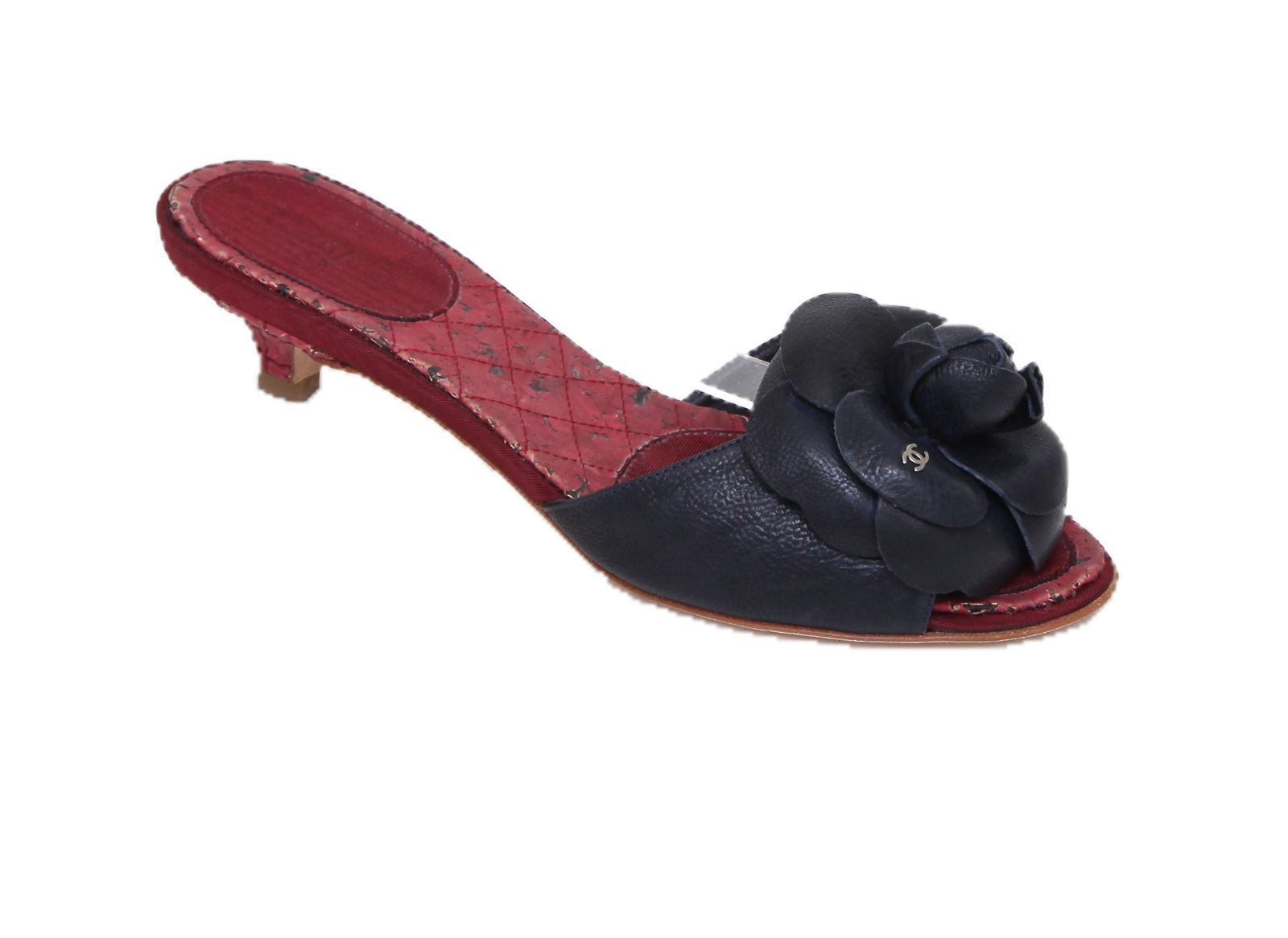 Chanel 08P Navy Blue Leather Mule Sandal Silver CC Camellia Shoe Heel 36.5 NIB