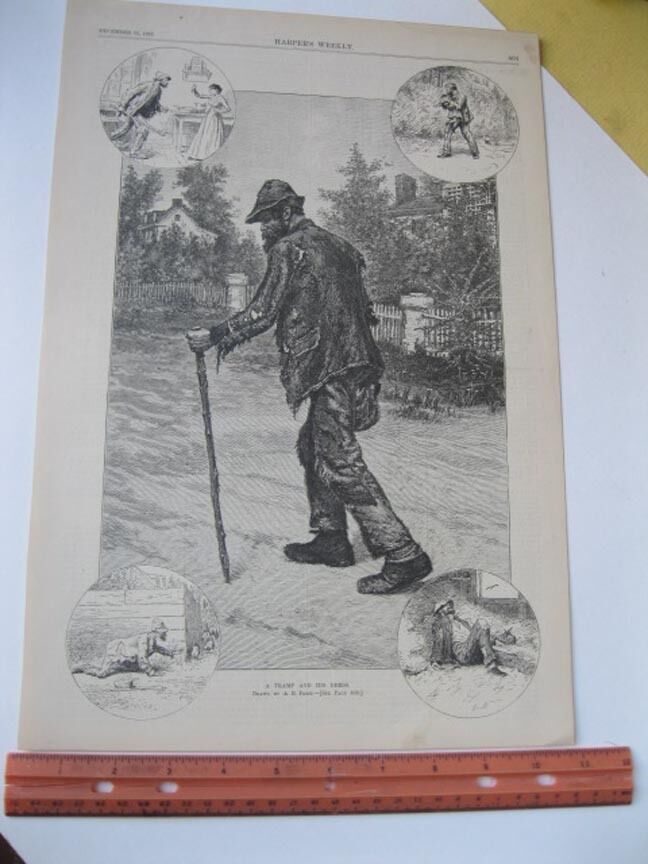 Vintage Print,TRAMP AND HIS DEEDS,AB.Frost,Harpers,Dec 1883
