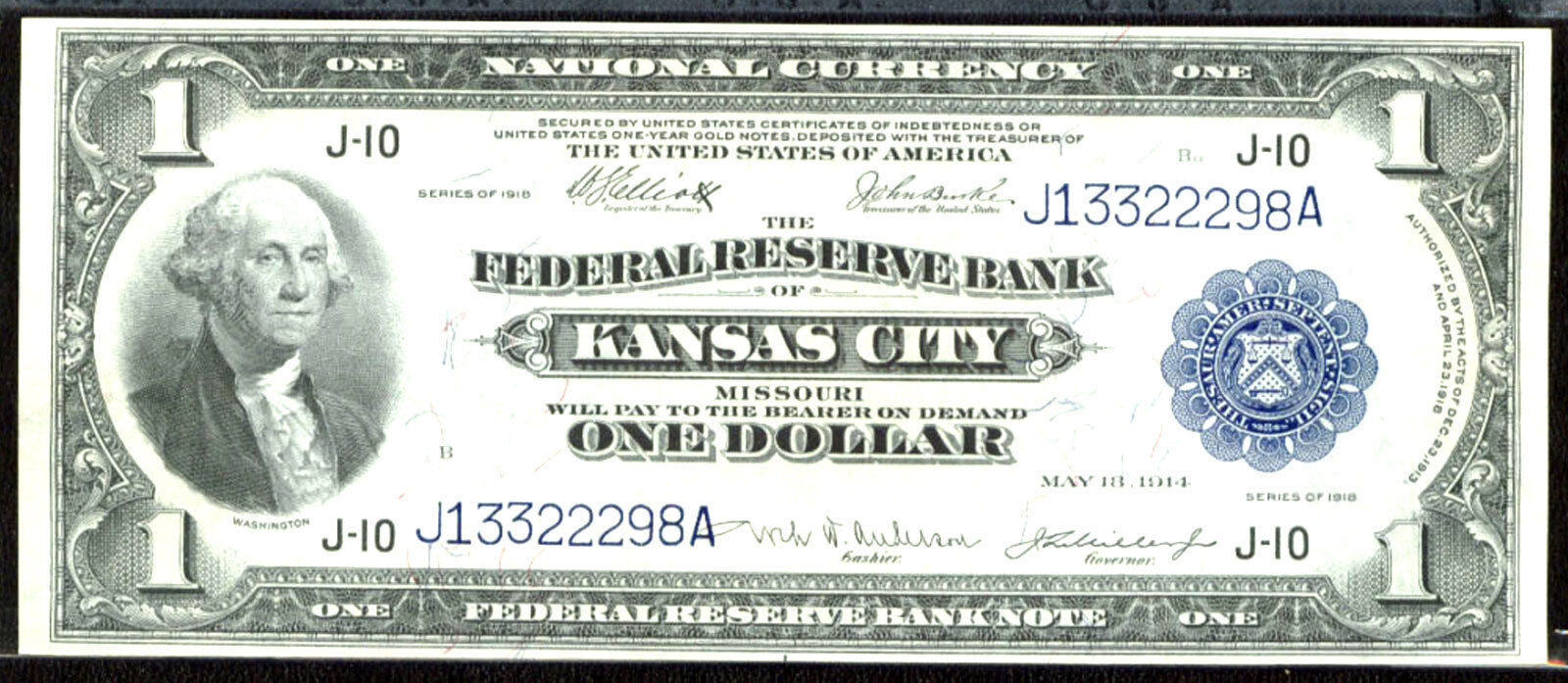 1918, $1 FR 738 Large Size FRBN FR 738 Kansas City-Super Gem
