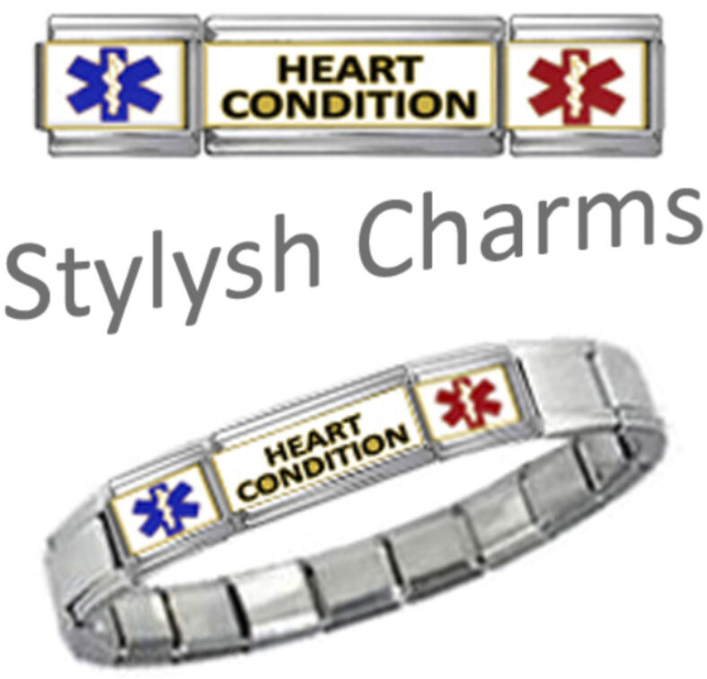 HEART CONDITION MEDICAL ID 9mm+ Italian Charm SILVER TONE MATTE Starter Bracelet