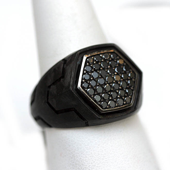 DAVID YURMAN Mens New Forged Carbon / Silver / Black Diamond Signet Ring 10