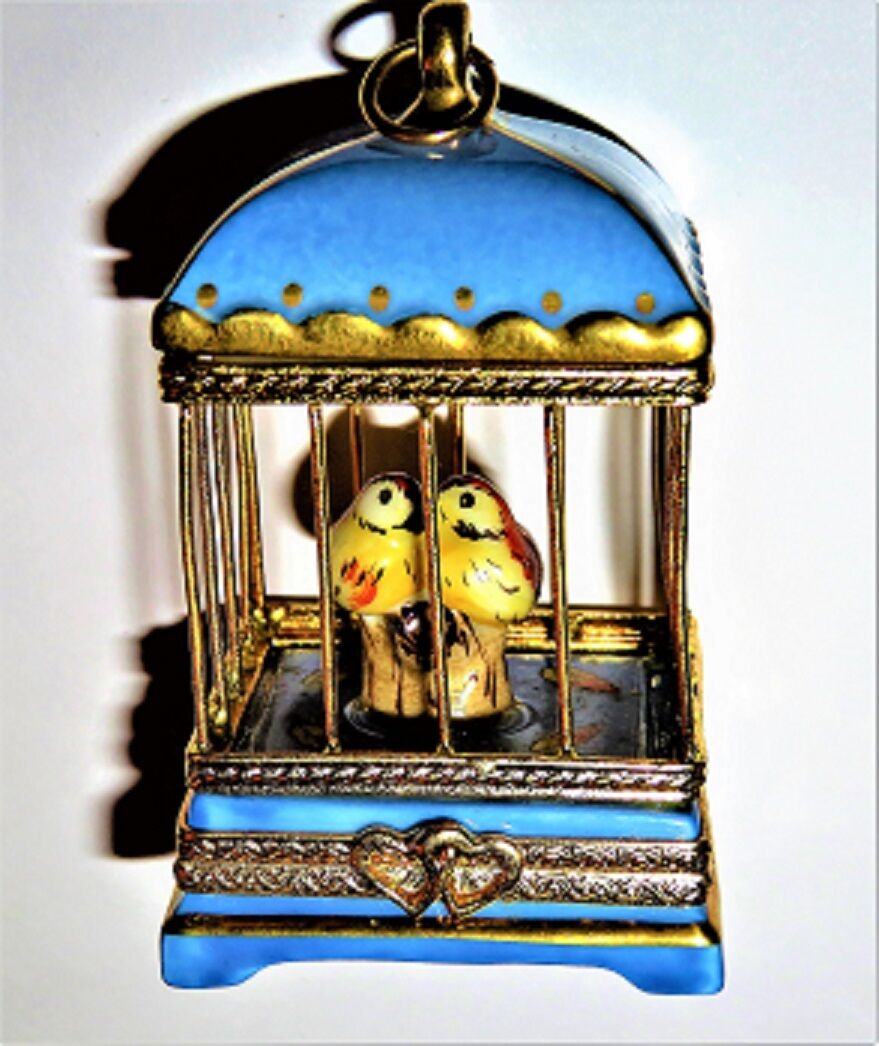 LIMOGES BOX- PARRY-VIEILLE - LOVE BIRDS IN A BLUE METAL CAGE - HEARTS - YOU & ME