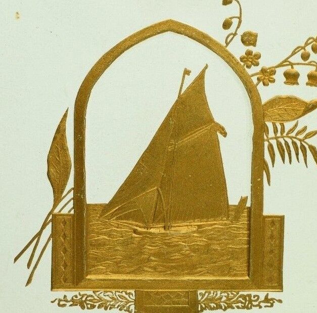 Fabulus Dresden Gilt Heavily Embossed Sailboat Lily of Valley Victorian Card F80