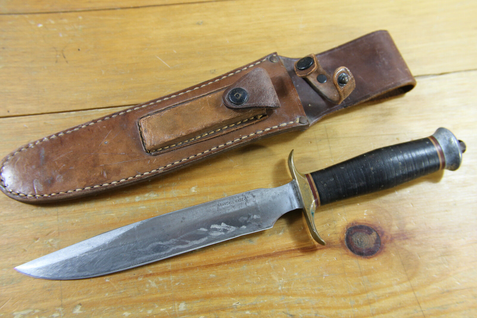 RARE WWII RANDALL SPRINGFIELD FIGHTER STACKED LEATHER KNIFE WITH GREAT SHEATH