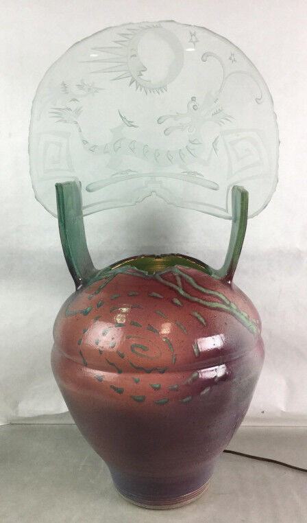 Art Pottery Vessel Etched Glass Dragon Motif Lamp Lot 2394