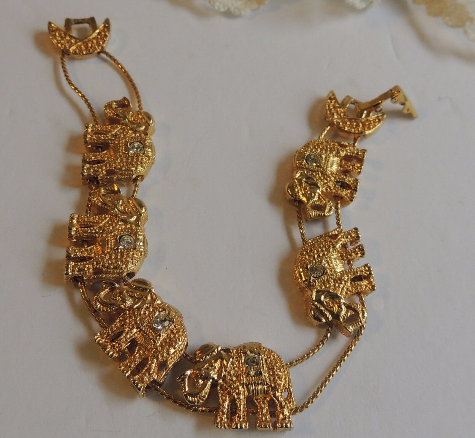 Vintage Gold Plated Rhinestone Studded India Walking Sliding Elephants Bracelet