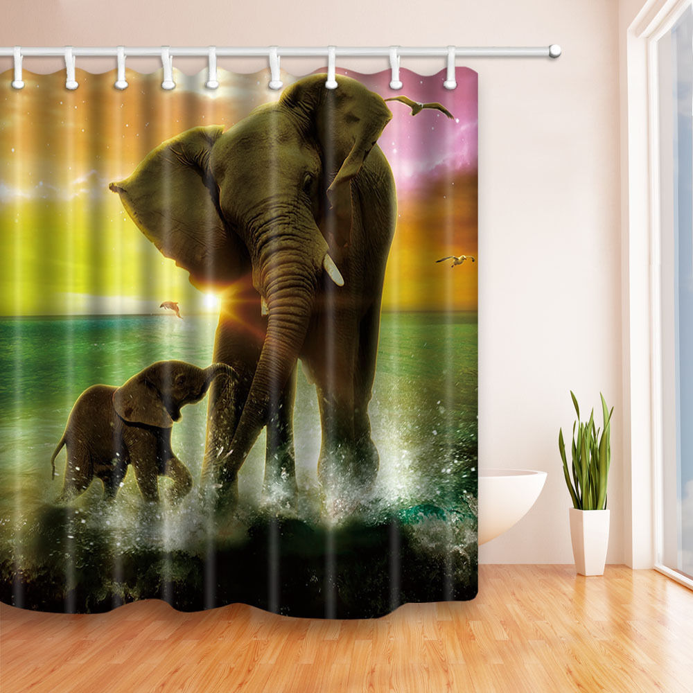 Elephant mother and child Shower Curtain Bathroom Decor Fabric & 12hooks 71*71in