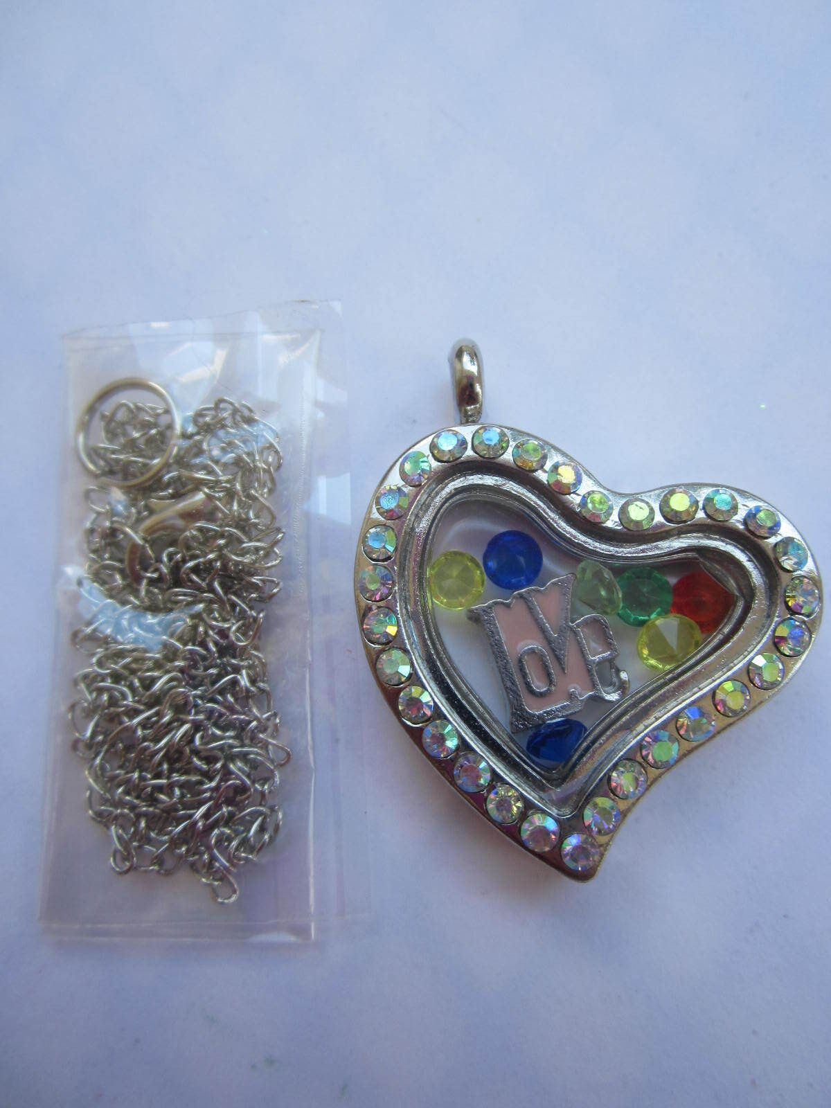 Living Memory AB Crystal Silver Heart Locket with 10 crystals and charm USA