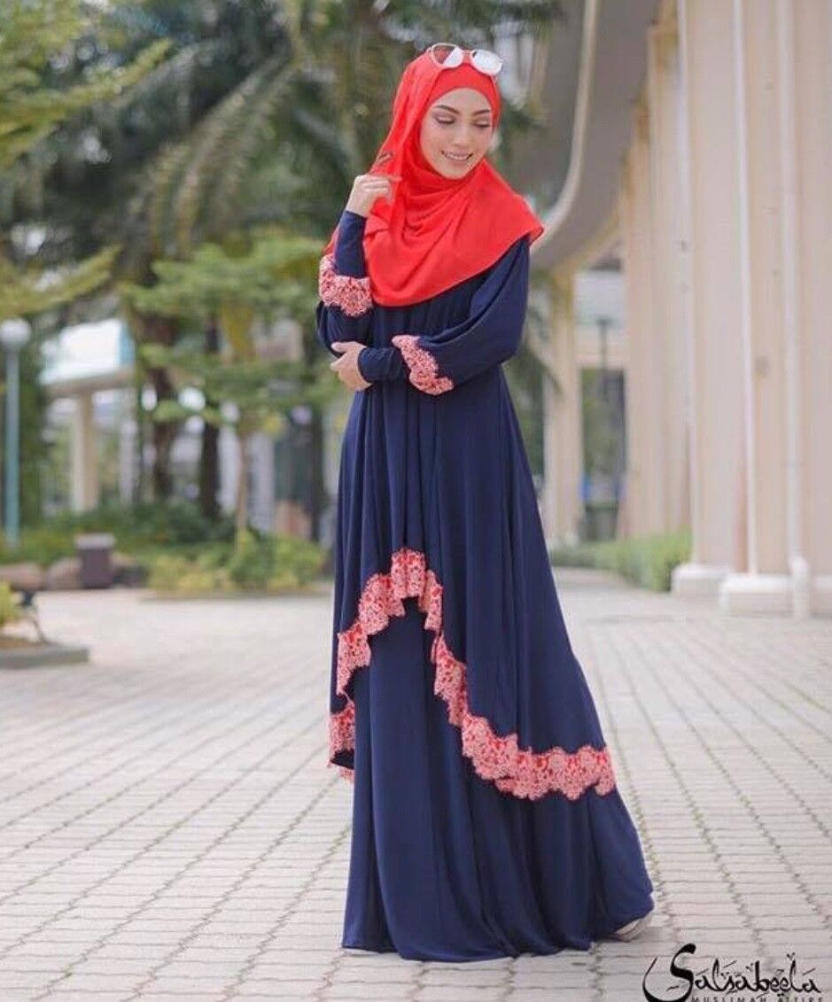 Dark Blue Mumtazee Lacey Set Long Sleeve Tunic Maxi Skirt Muslim Abaya Large