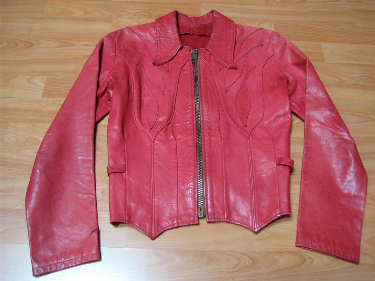 Vtg 60s 70s Red East West Musical Instruments Leather Jacket Coat Boho Hippie 