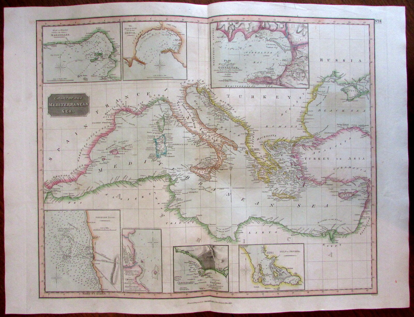 Mediterranean w/ naval war-related harbor insets Gibraltar 1817 Thomson map