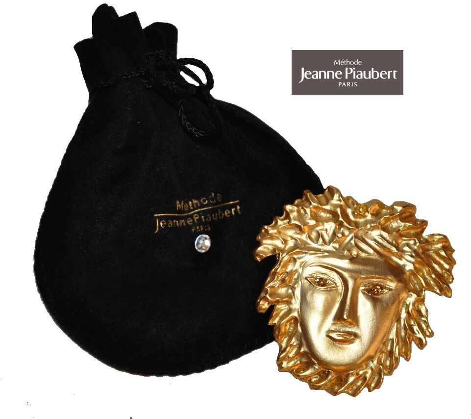 VINTAGE FRENCH JEANNE PIAUBERT GOLD MYTHICAL FACE PIN BROOCH with SIGNED POUCH