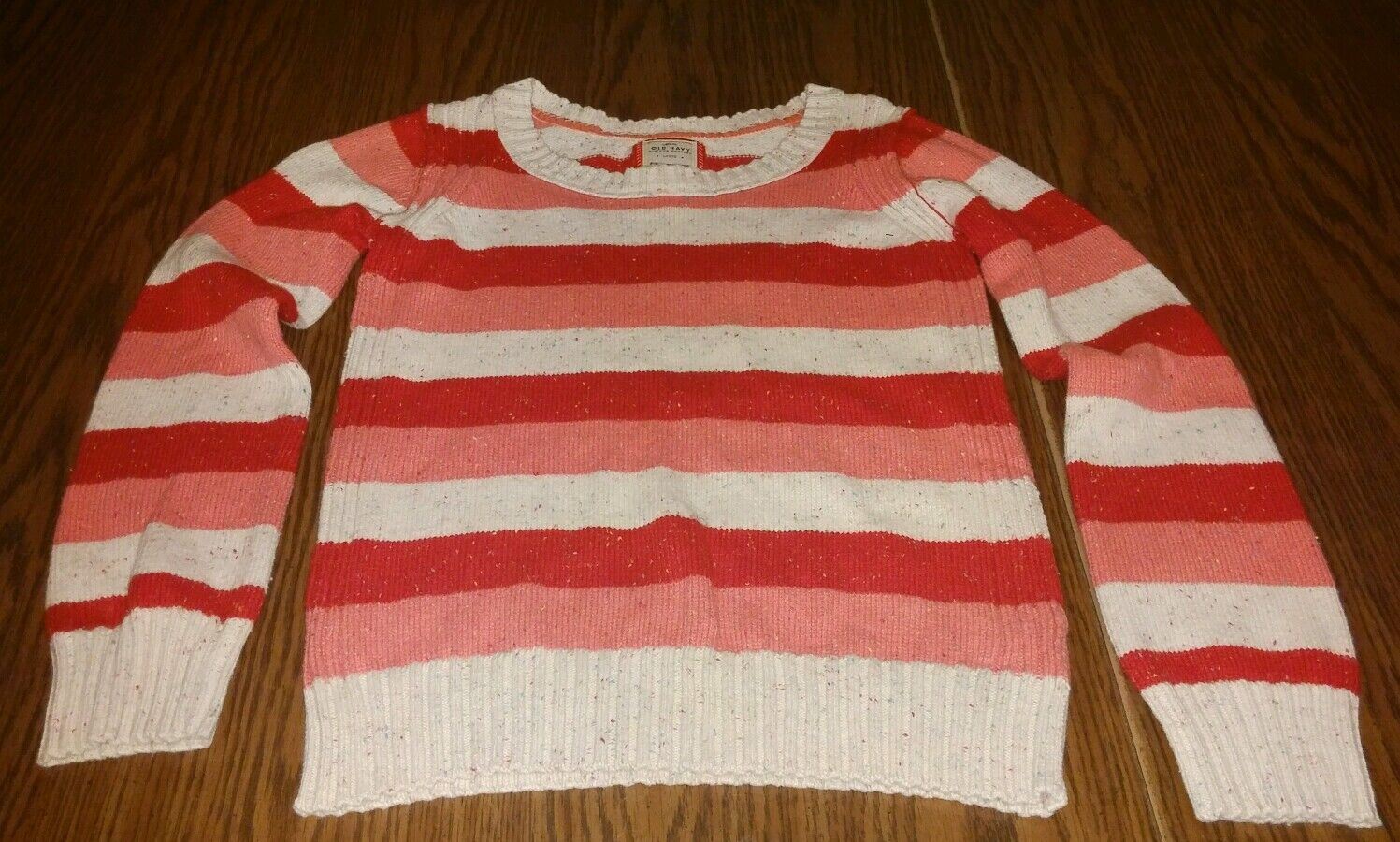 Girls OLD NAVY Red/Cream/Coral Striped Buttonless Sweater CUTE Size LARGE VGUC