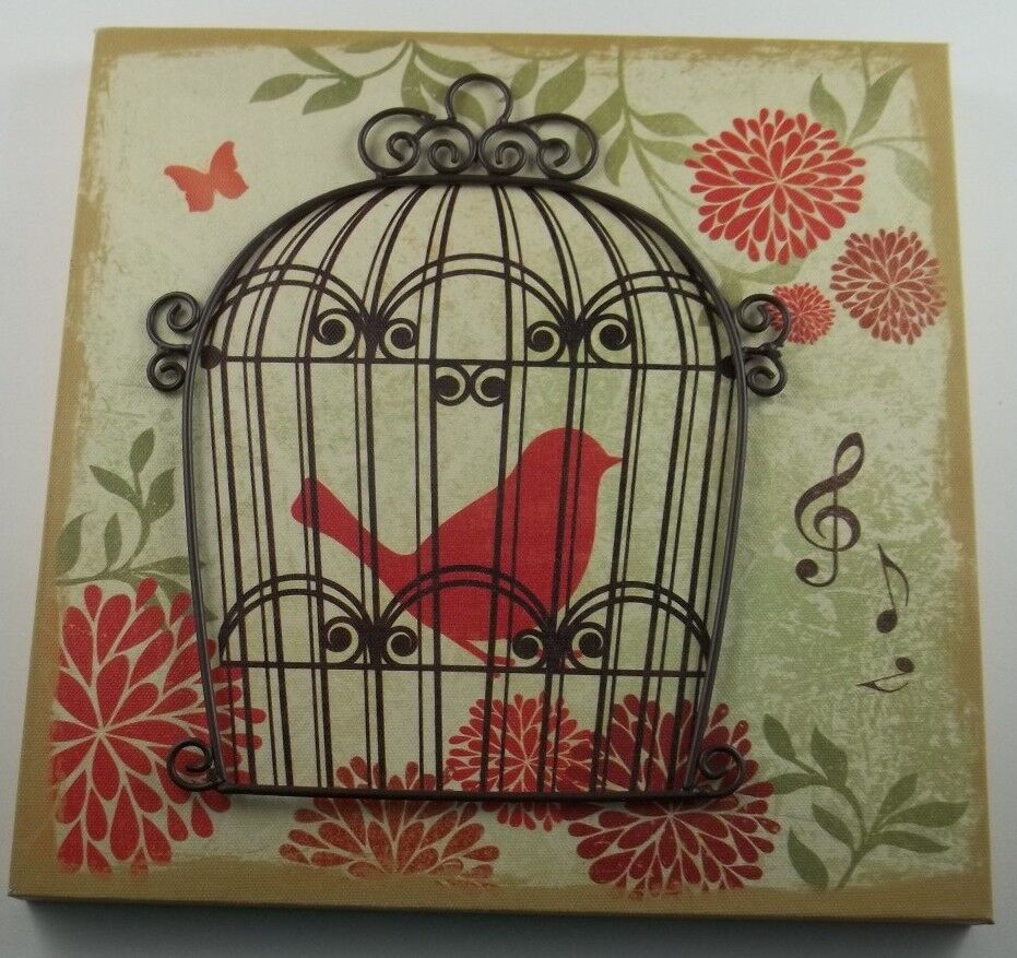 3D Metal Art On Canvas Wall Picture Sign Plaque Caged Bird Singing Butterfly 