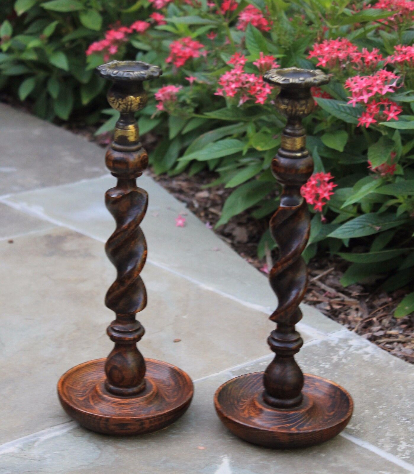 Antique English Oak TALL PAIR (2) Barley Twist Candlesticks Candle Holders
