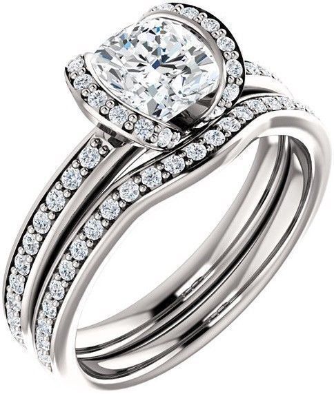 1.32 ct total Cushion & Round cut DIAMOND Engagement Vintage 14k White Gold Ring
