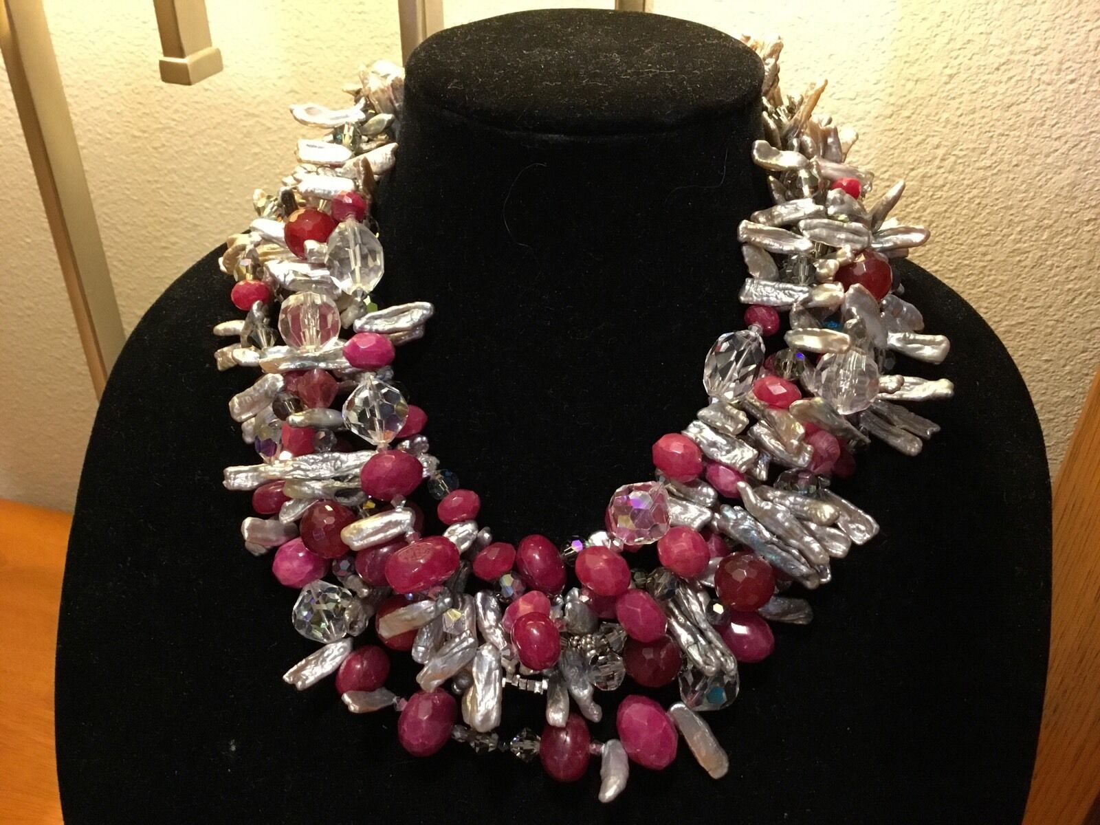 Stunning Vintage Haute\' Couture Runway Natural Pink Agate & Biwa Pearl Necklace