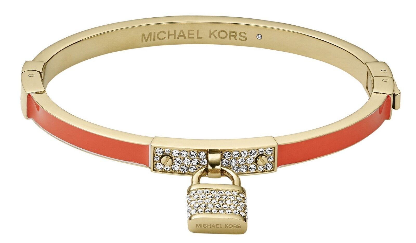 Michael Kors Womens Golden Brass Tangerine Enamel Crystal Padlock Bangle MKJ3302