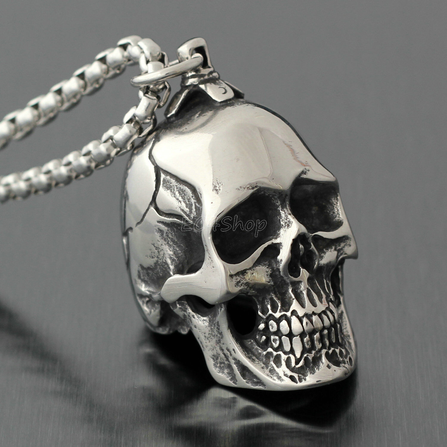 Men\'s Large Heavy Retro Retro 3D Skull Stainless Steel Biker Necklace Pendant
