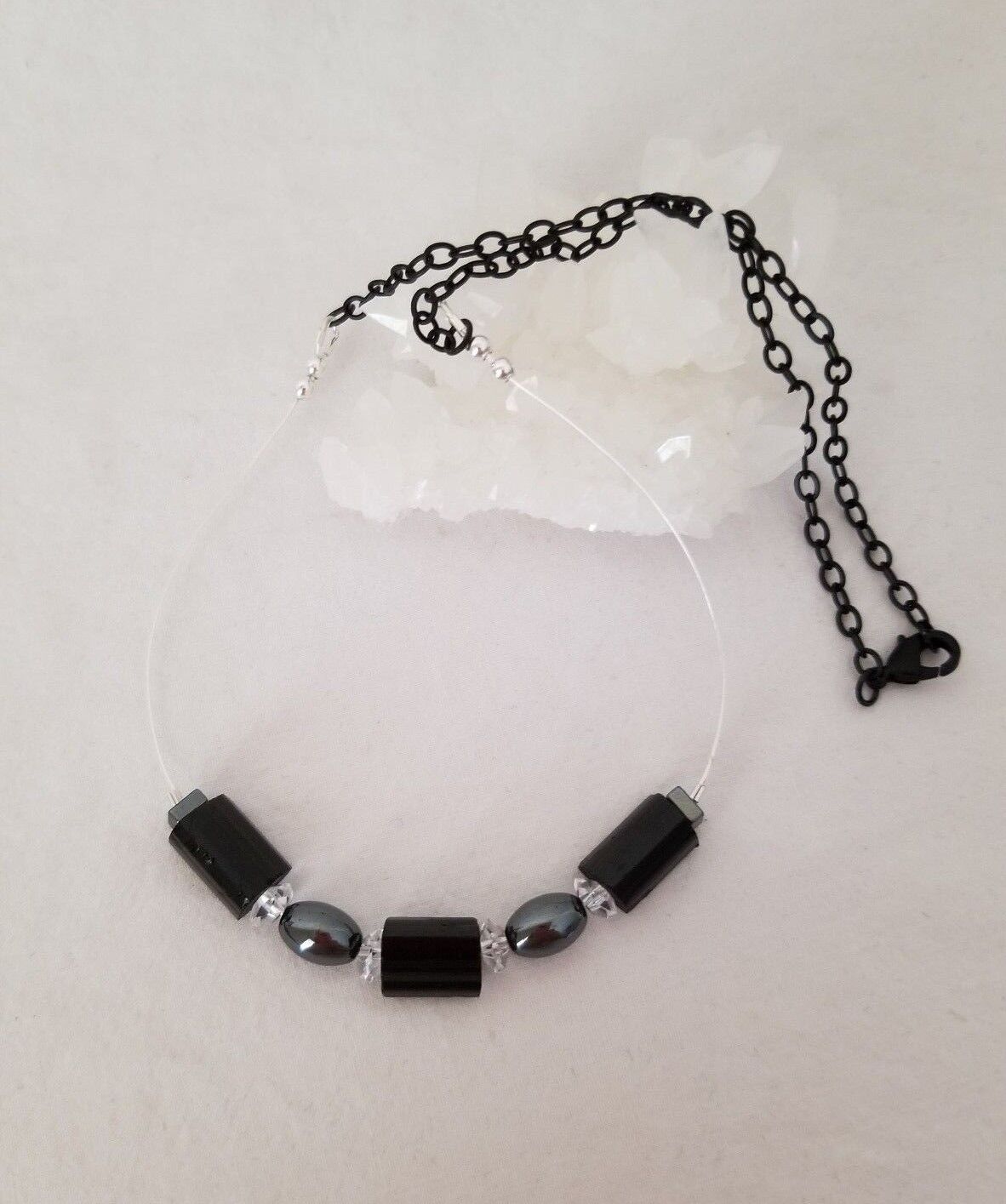 Black Tourmaline Rough, Hematite, Rock Crystal Quartz - Wire And Chain Necklace