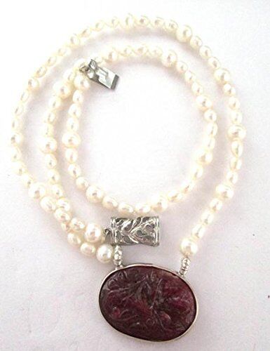 NATURAL REAL BEAUTIFUL PEARL & 74.45cts CARVED RUBY PENDANT NECKLACE 20\