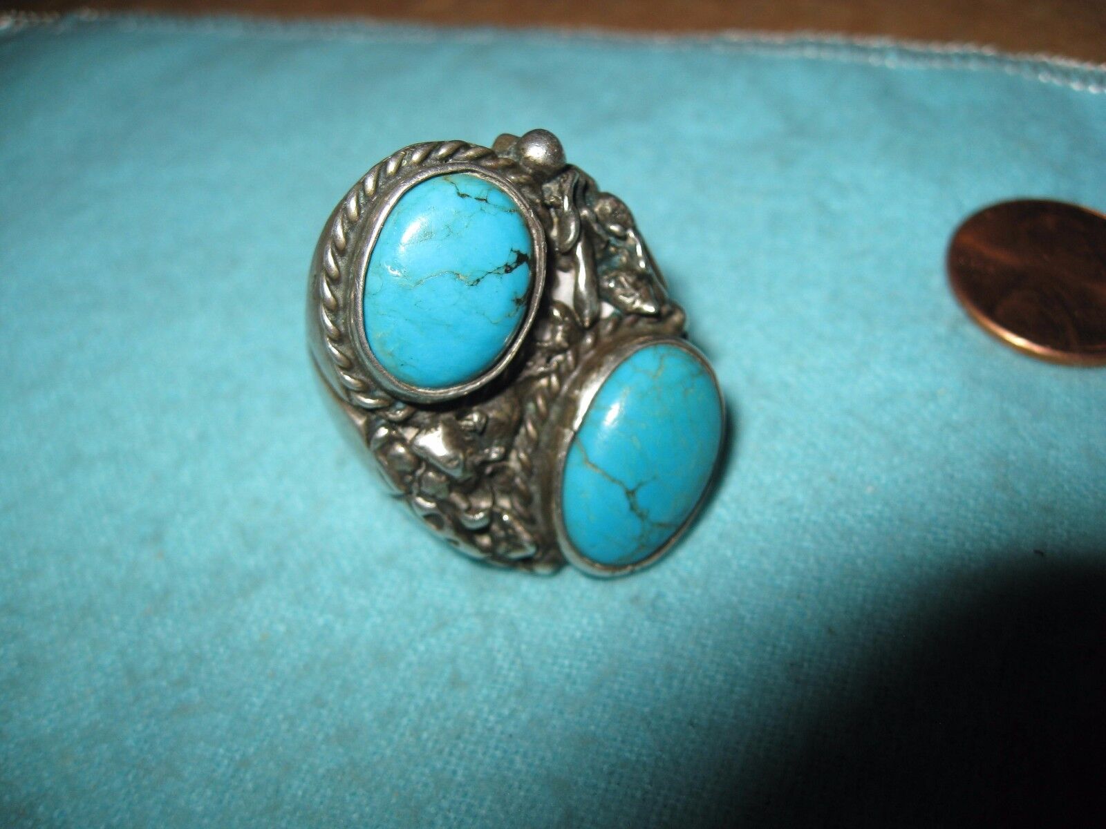 Navajo Sterling and 2 Turquoise Cabochon  Size 11 Signed S and Star Mark (Begay)