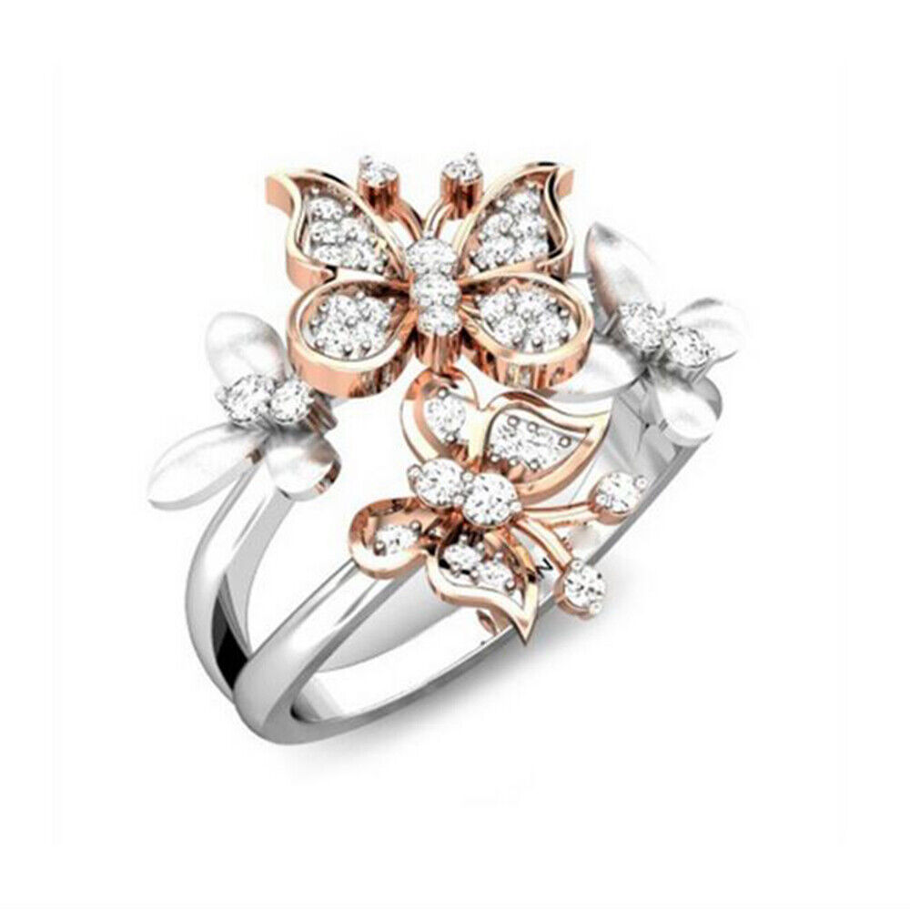 Elegant Women Tow Tone Rose Gold Cute Butterfly Ring CZ Cubic Zirconia Crystals