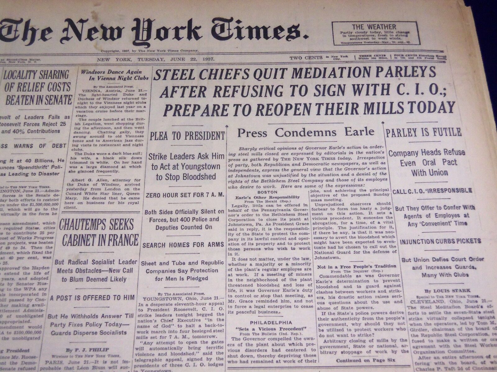 1937 JUNE 22 NEW YORK TIMES - STEEL CHIEFS QUIT MEDIATION PARLEYS - NT 1281