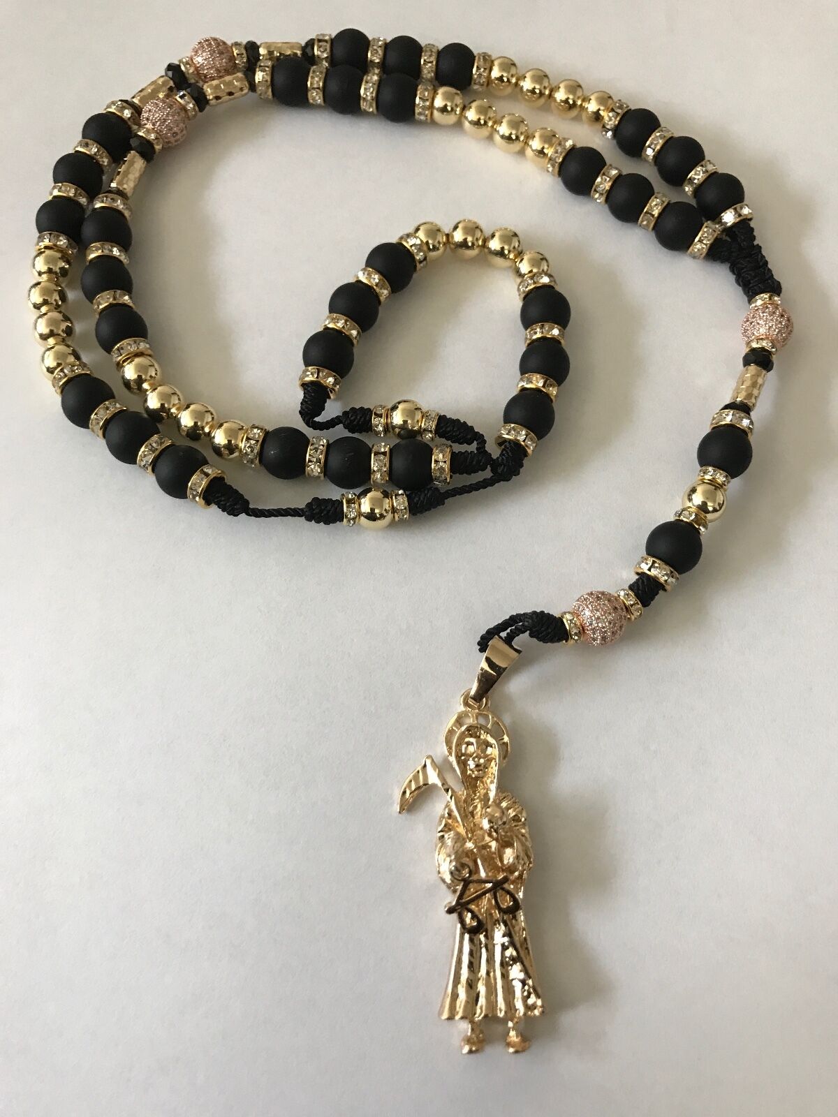 Santa Muerte Rosary Gold Filled Black Matt Beads Hand Made Brand New Great 