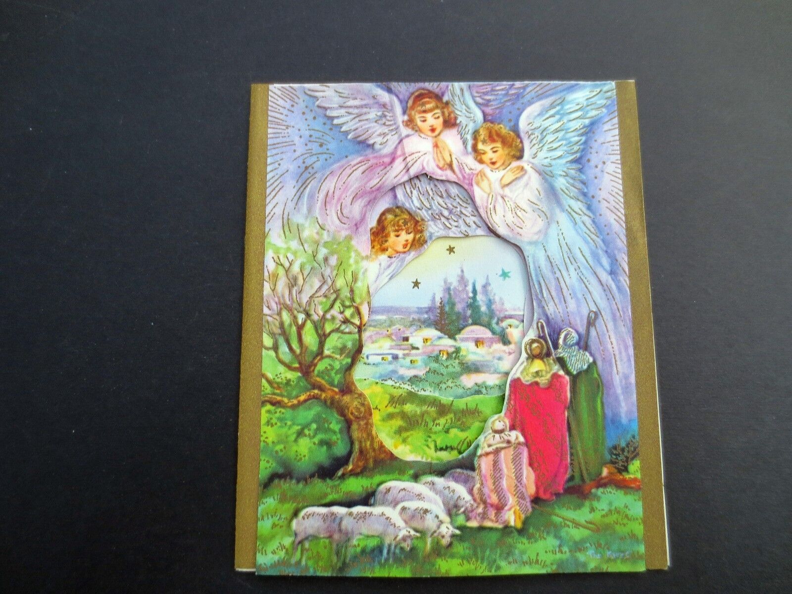 Vintage Unused Die Cut Tri Fold Victorian Xmas Greeting Card Shepherds & Angels