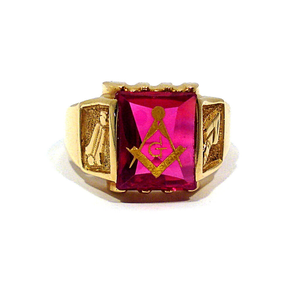 HALLMARK SOLID 10K YELLOW GOLD SYNTHETIC RUBY MASONIC RING ~ SIZE 10 1/2
