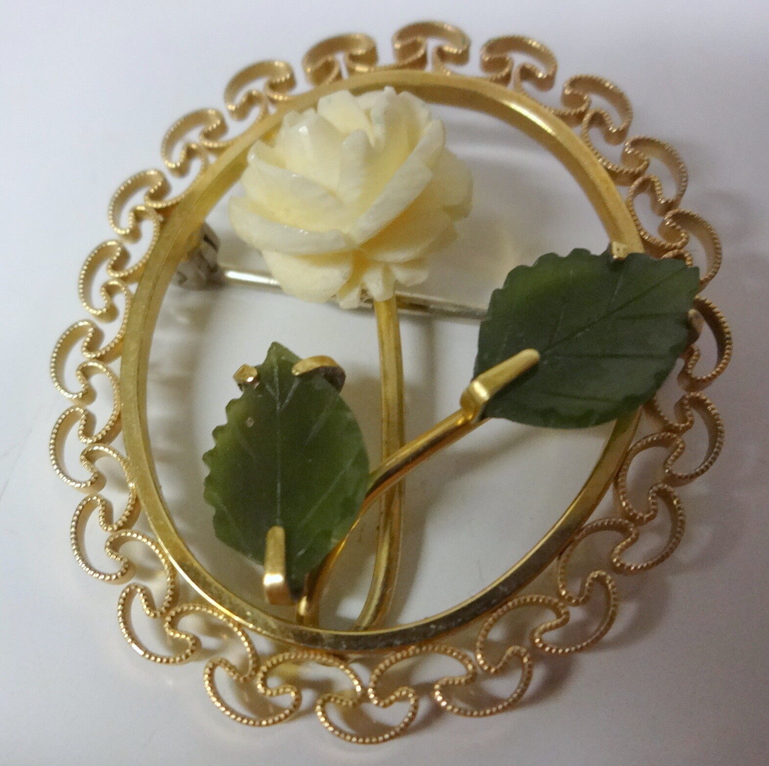 Old 1895 Gold Filled Signed Krementz Carved Jade Rose Pin Brooch