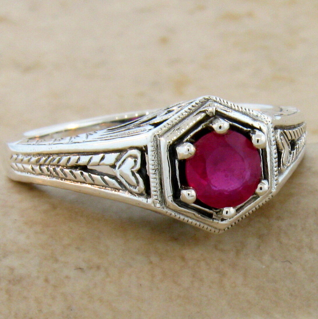 GENUINE  RUBY ANTIQUE ART DECO DESIGN .925 STERLING SILVER RING SIZE 4.75, #509
