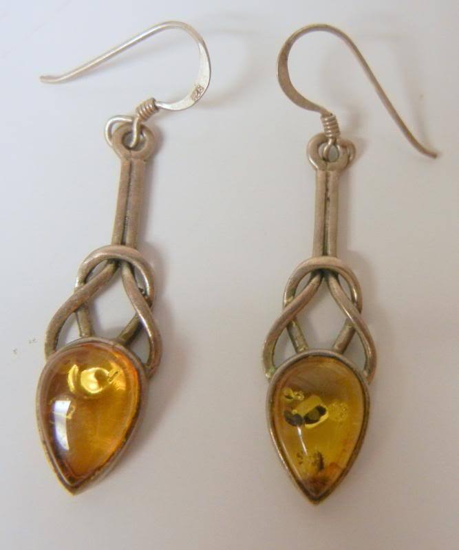 Antique Chinese Knotted Sterling Silver Amber Earrings