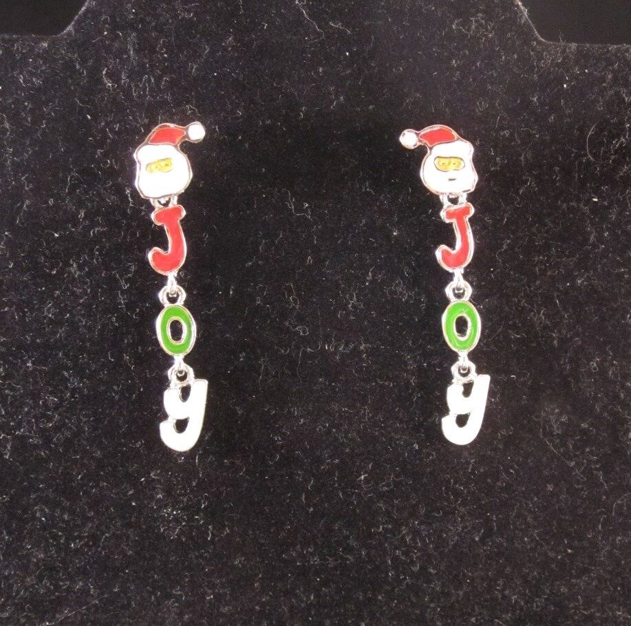 Christmas Holiday fun Dangle POST Earrings Santa Face JOY Red Green White silver