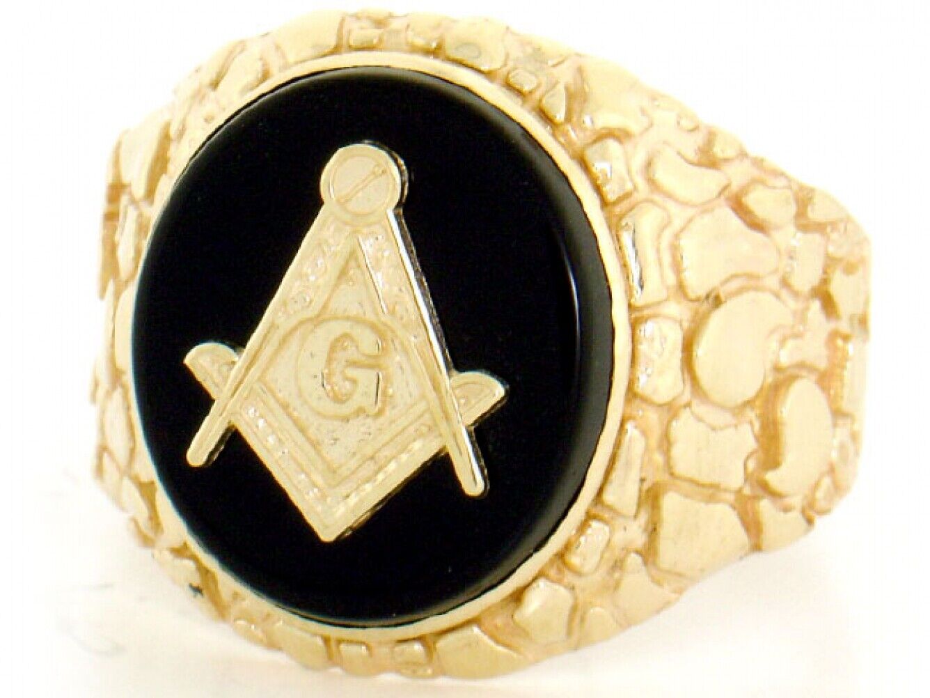 10k or 14k Solid Gold Oval Onyx Masonic Nugget Mens Ring