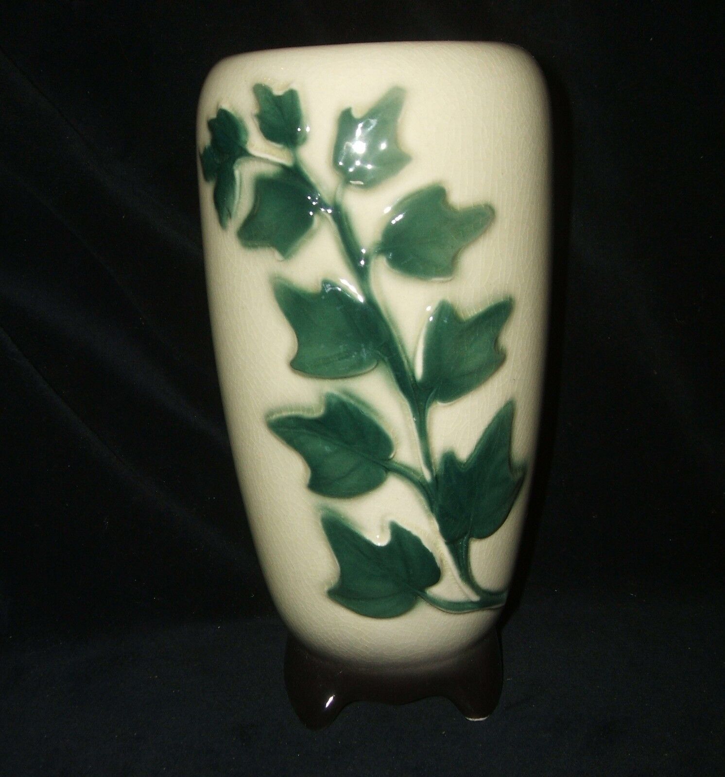 Vintage Royal Copley Large 8 Inch Off-White and Green Ivy Footed Vase