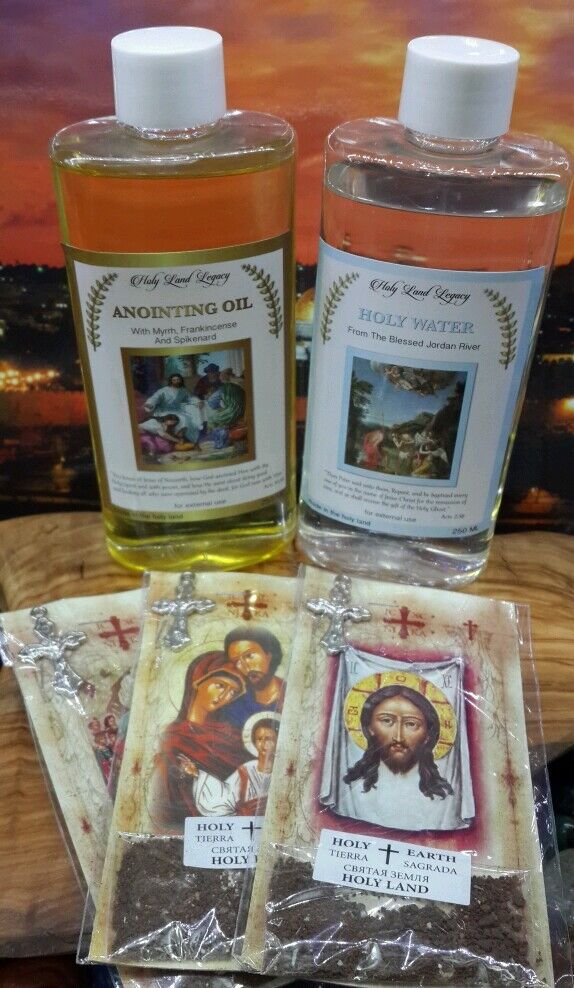 Blessed Anointing Oil + Holy Water 250 ml,8.45 oz + 3 Holy Soil with Cross Pack